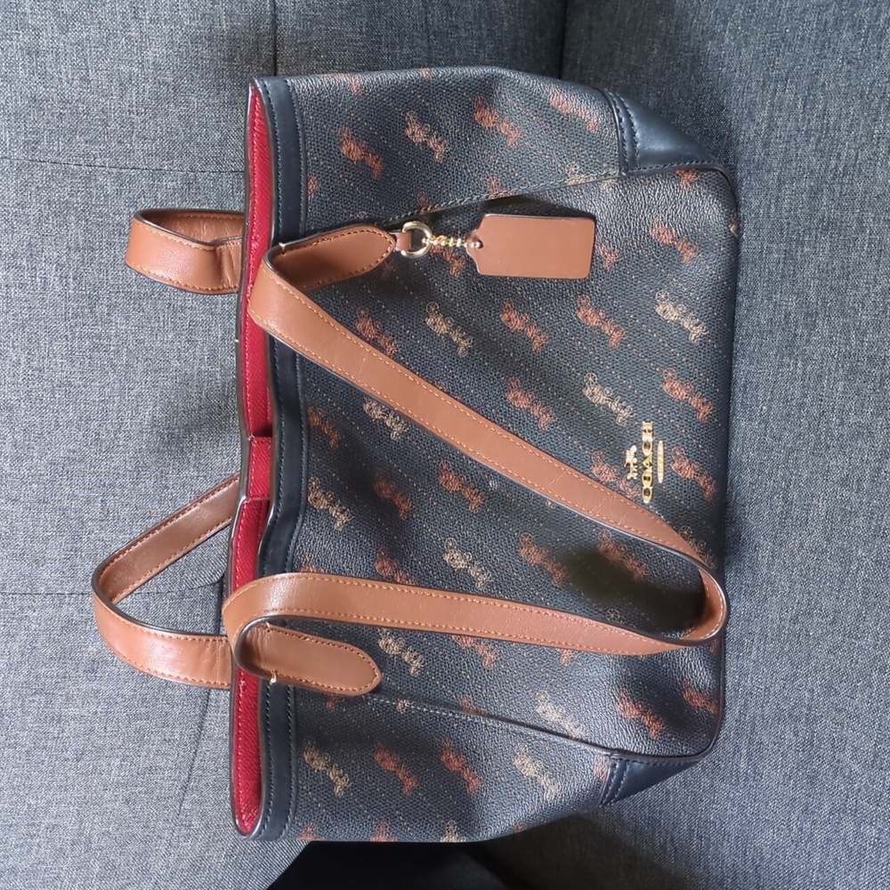 Coach horse and carriage handbag, brown and black, red interior